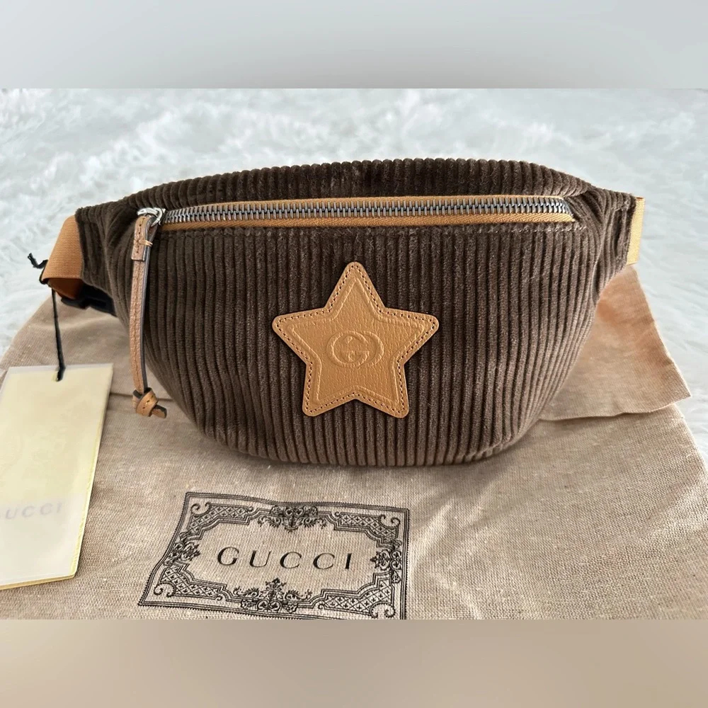 GUCCI Interlocking G Star Childrens Kids Crossbody Belt Bag Fanny Brown Corduroy